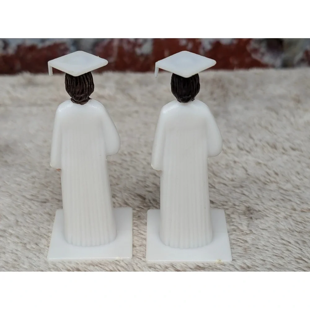 Vintage Graduation Cake Toppers Pair White Cap Gown Diploma Plastic Figures